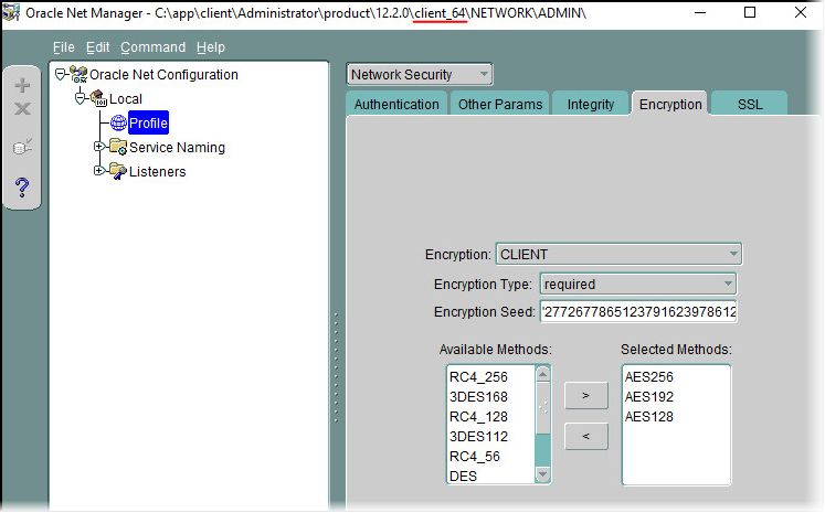 Oracle Net Manager tool with Oracle Net Configuration section deployed and Profile selected in the Local subsection in left panel, and with the Encryption tab of the Network Security section displayed in the right panel
